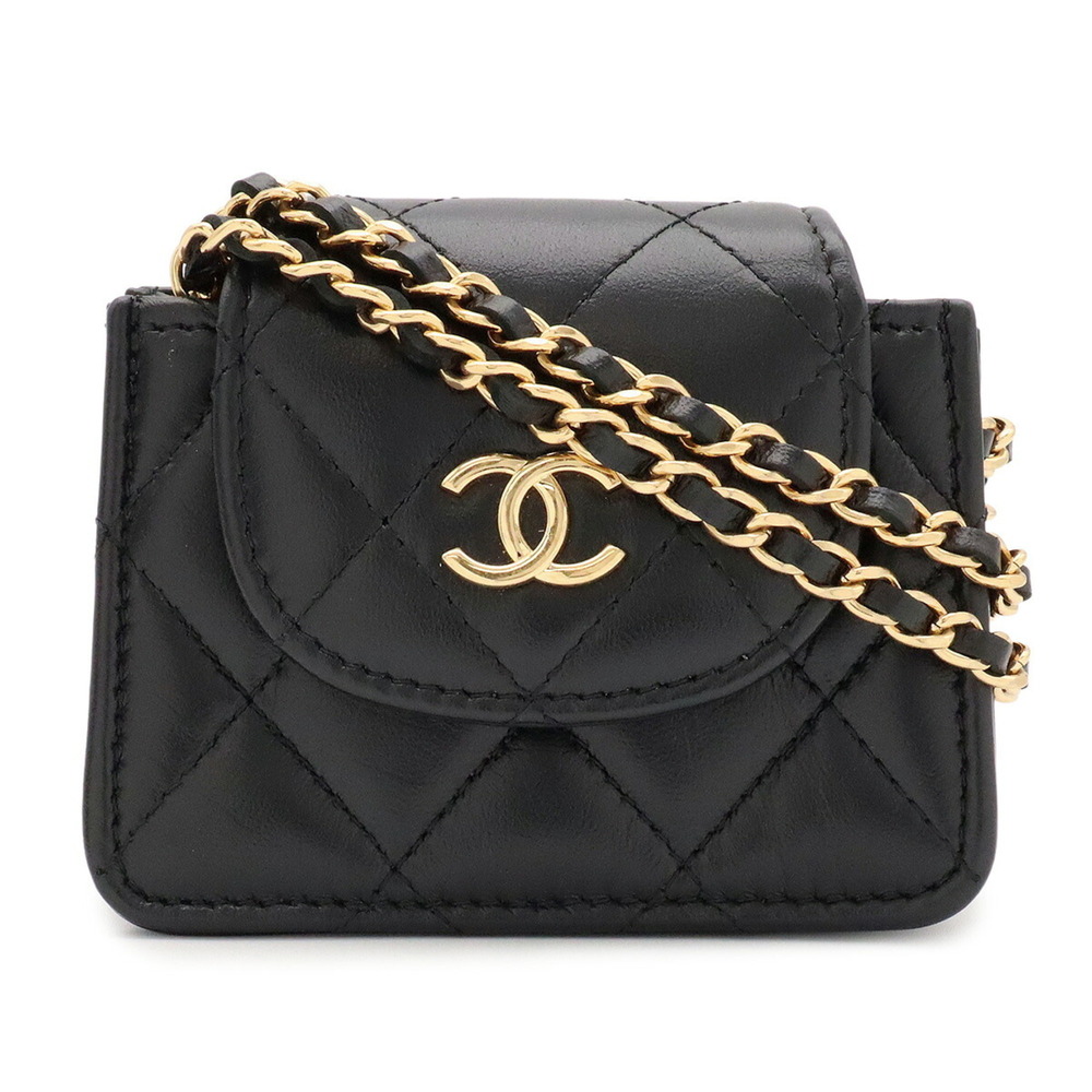 CHANEL Matelassé Chain Shoulder Bag, Pouch, Pochette, Leather, Black AP3001